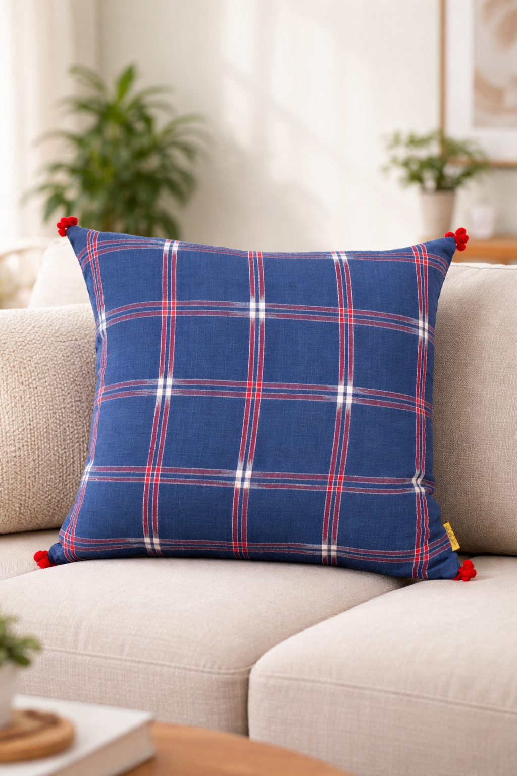 Blue Plaid Ikat Cushion