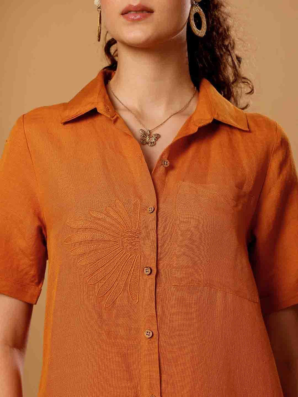 Burnt Orange Cotton Linen Shirt Dress