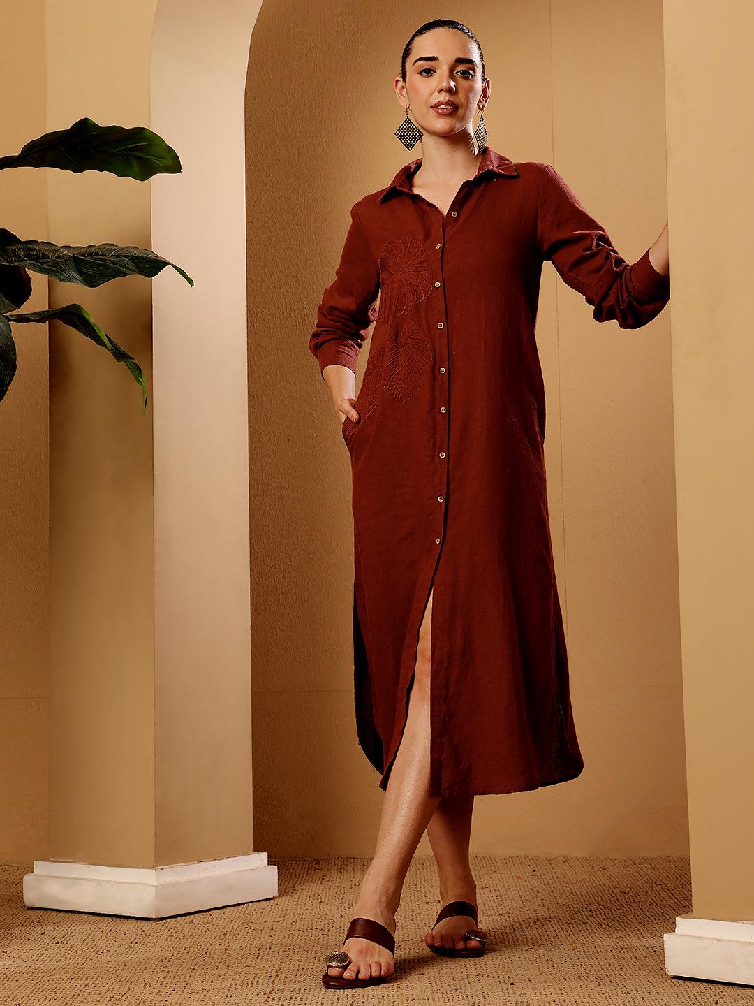 Maroon Embroidered Linen Blend Shirt Dress