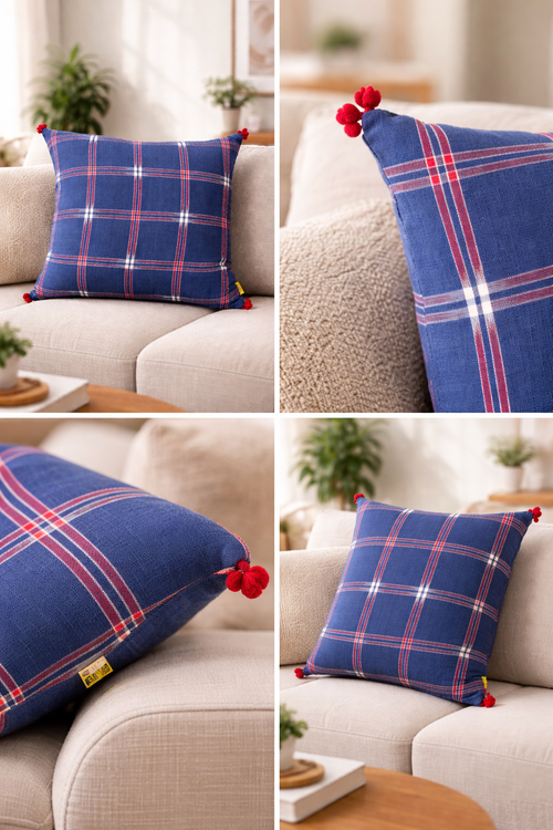 Blue Plaid Ikat Cushion