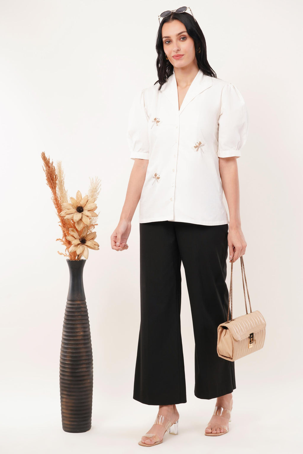 Ivory Dragonfly Embroidered Shirt