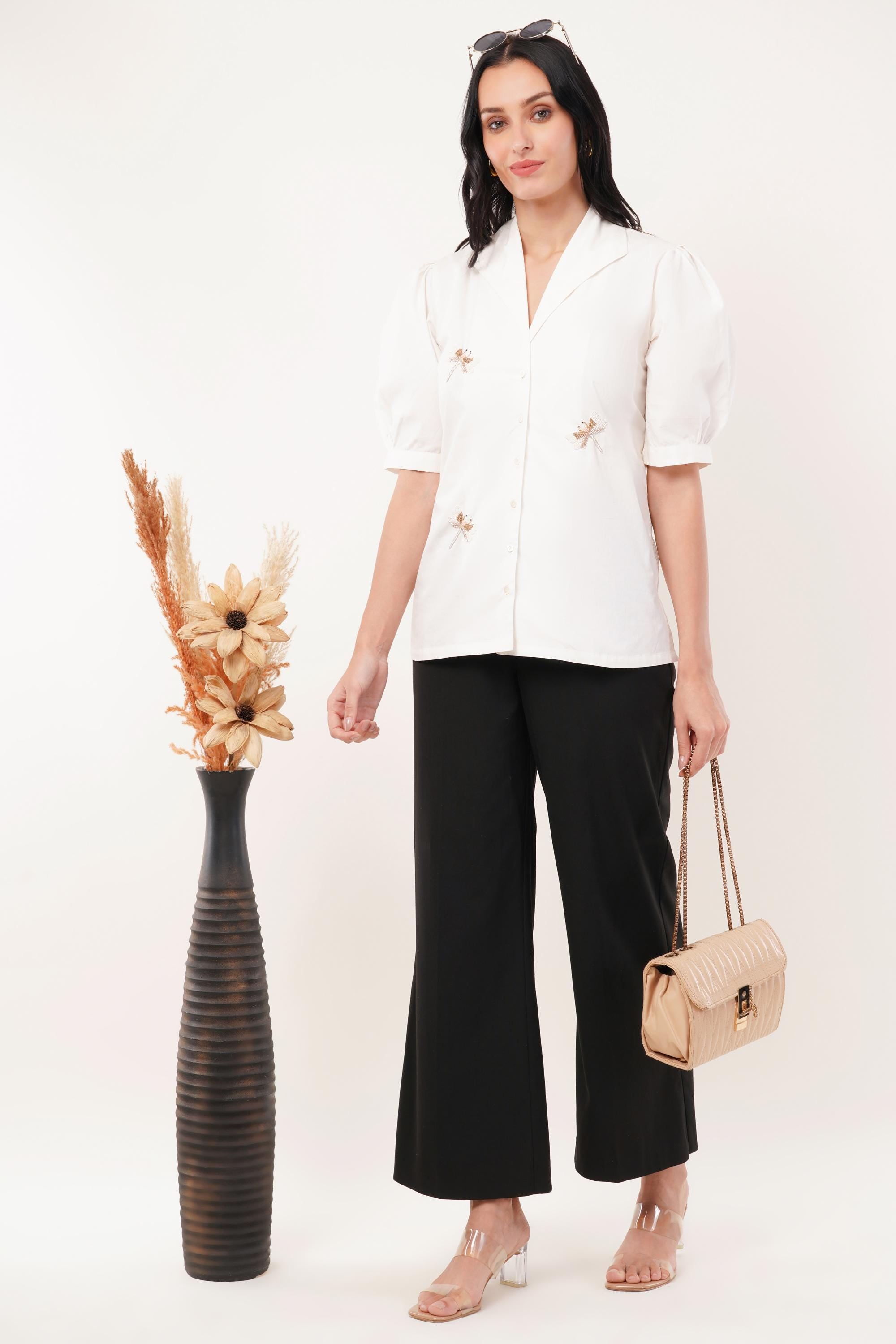 Ivory Dragonfly Embroidered Shirt