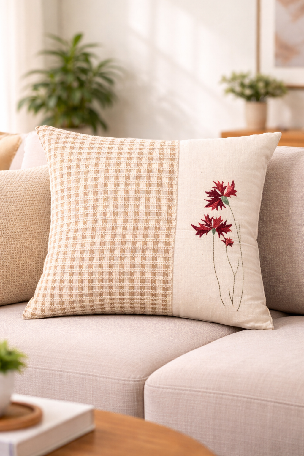 Beige Floral Patched Cushion
