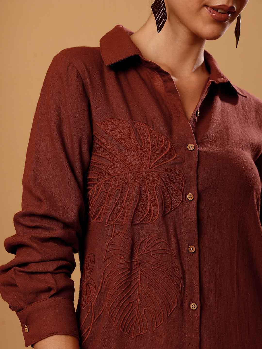 Maroon Embroidered Linen Blend Shirt Dress