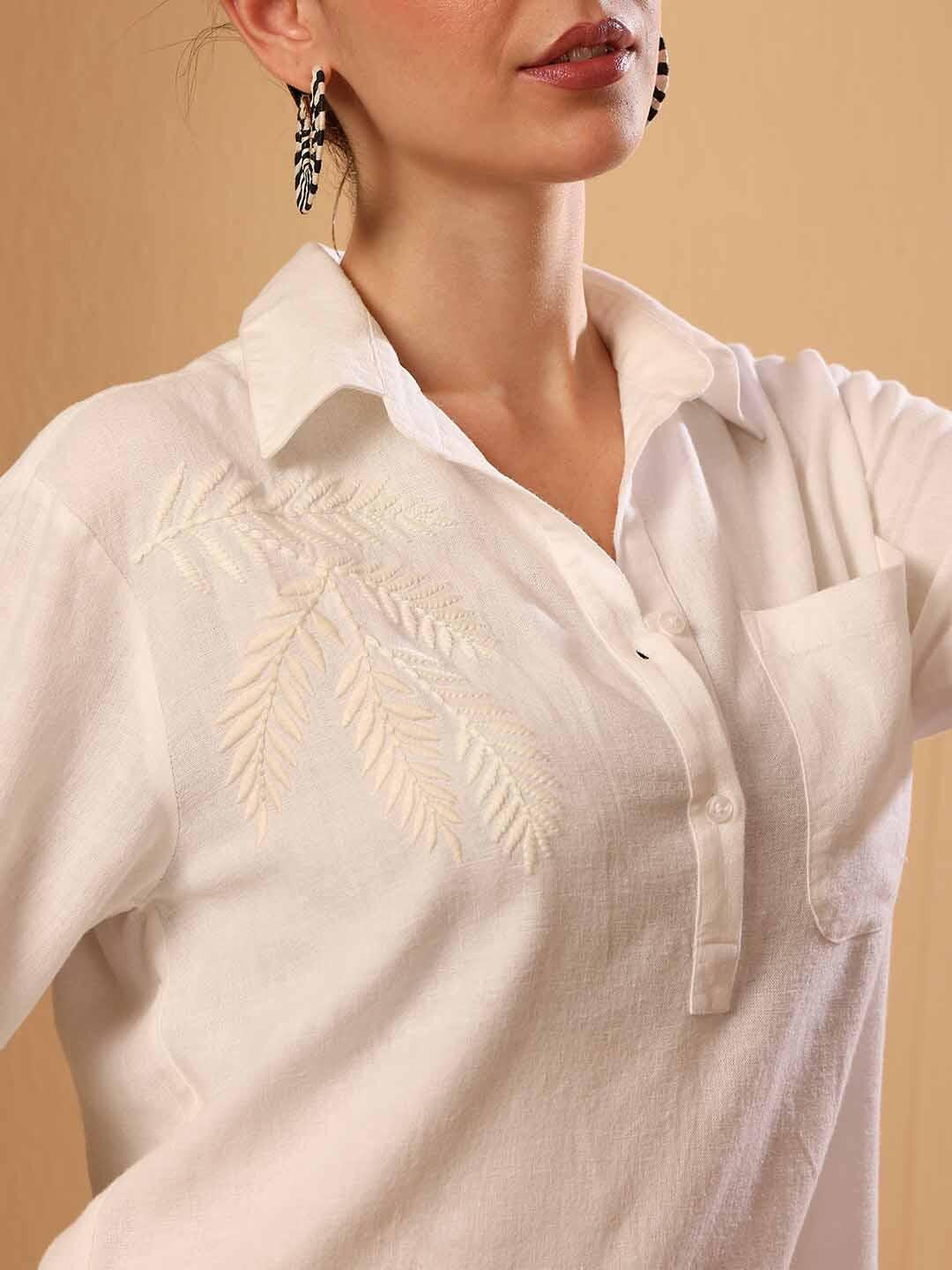 White Linen Blend Embroidered Beach Shirt
