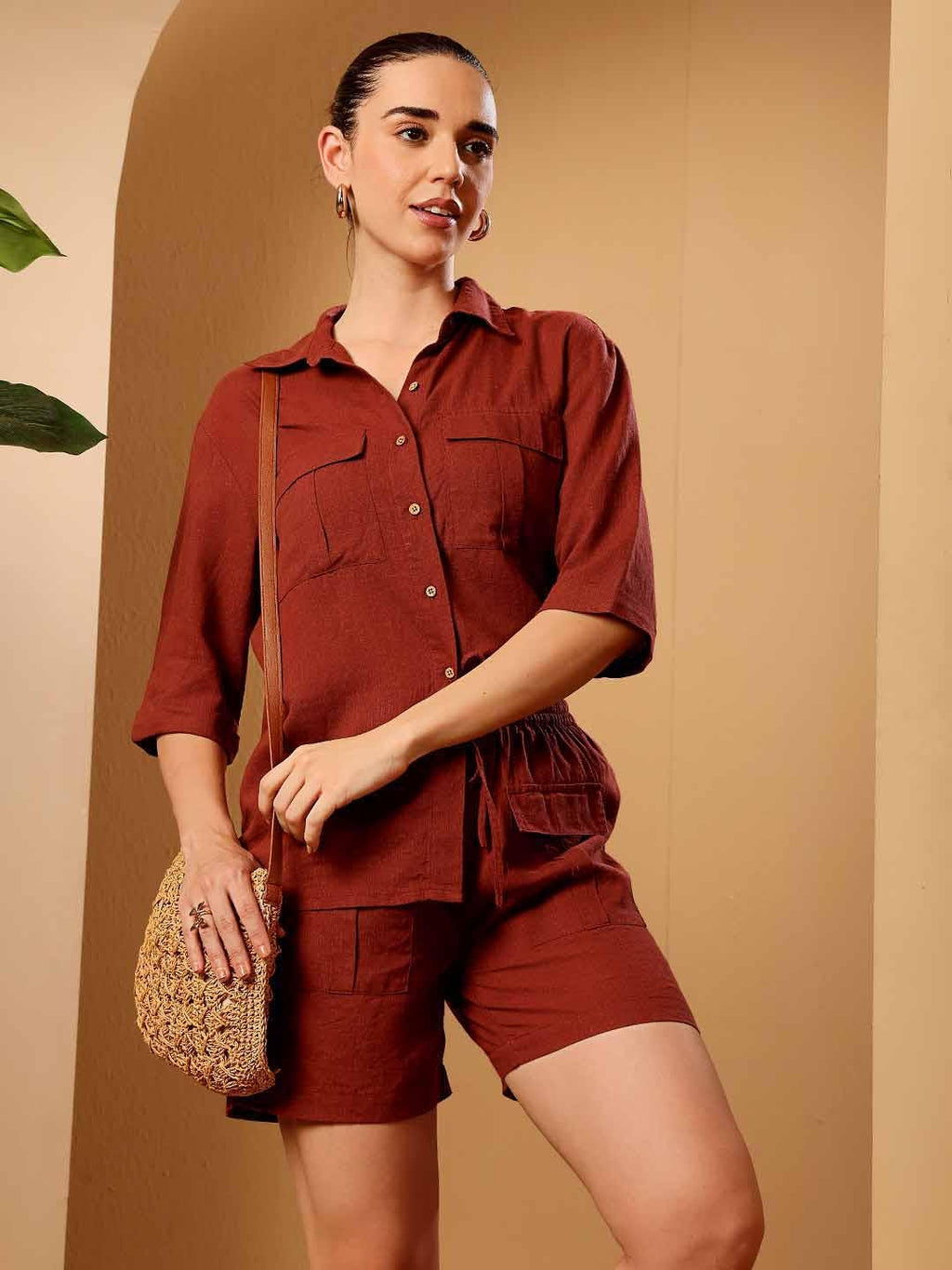 Maroon Linen Blend Resort Co-ord set