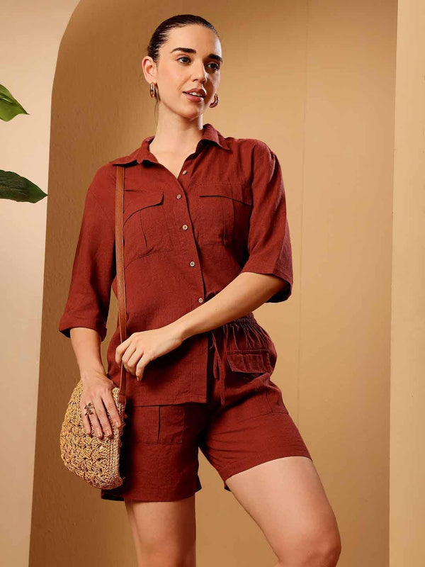 Maroon Linen Blend Resort Co-ord set