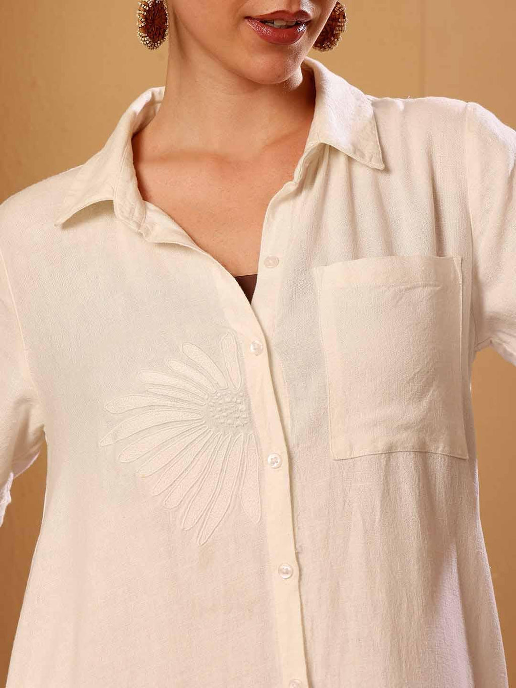 White Cotton Linen Blend Shirt Dress