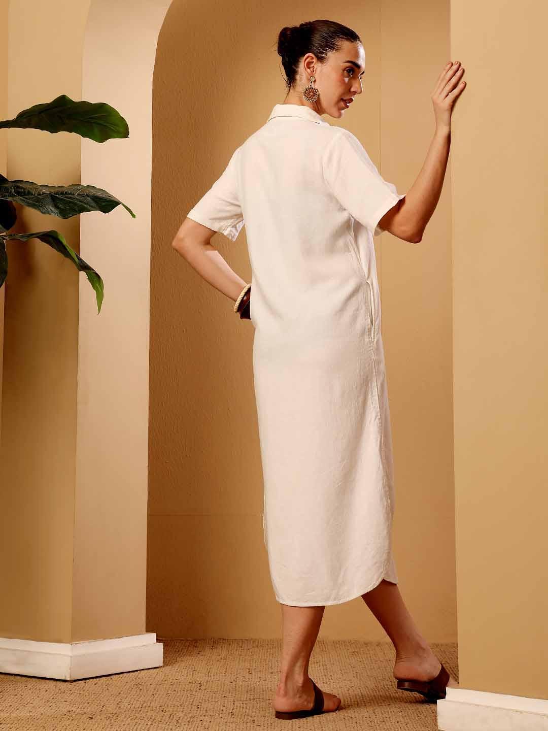 White Cotton Linen Blend Shirt Dress