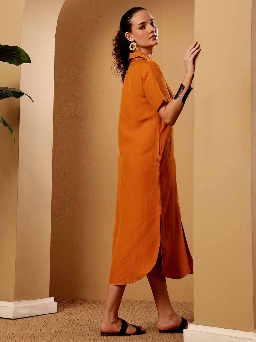 Burnt Orange Cotton Linen Shirt Dress