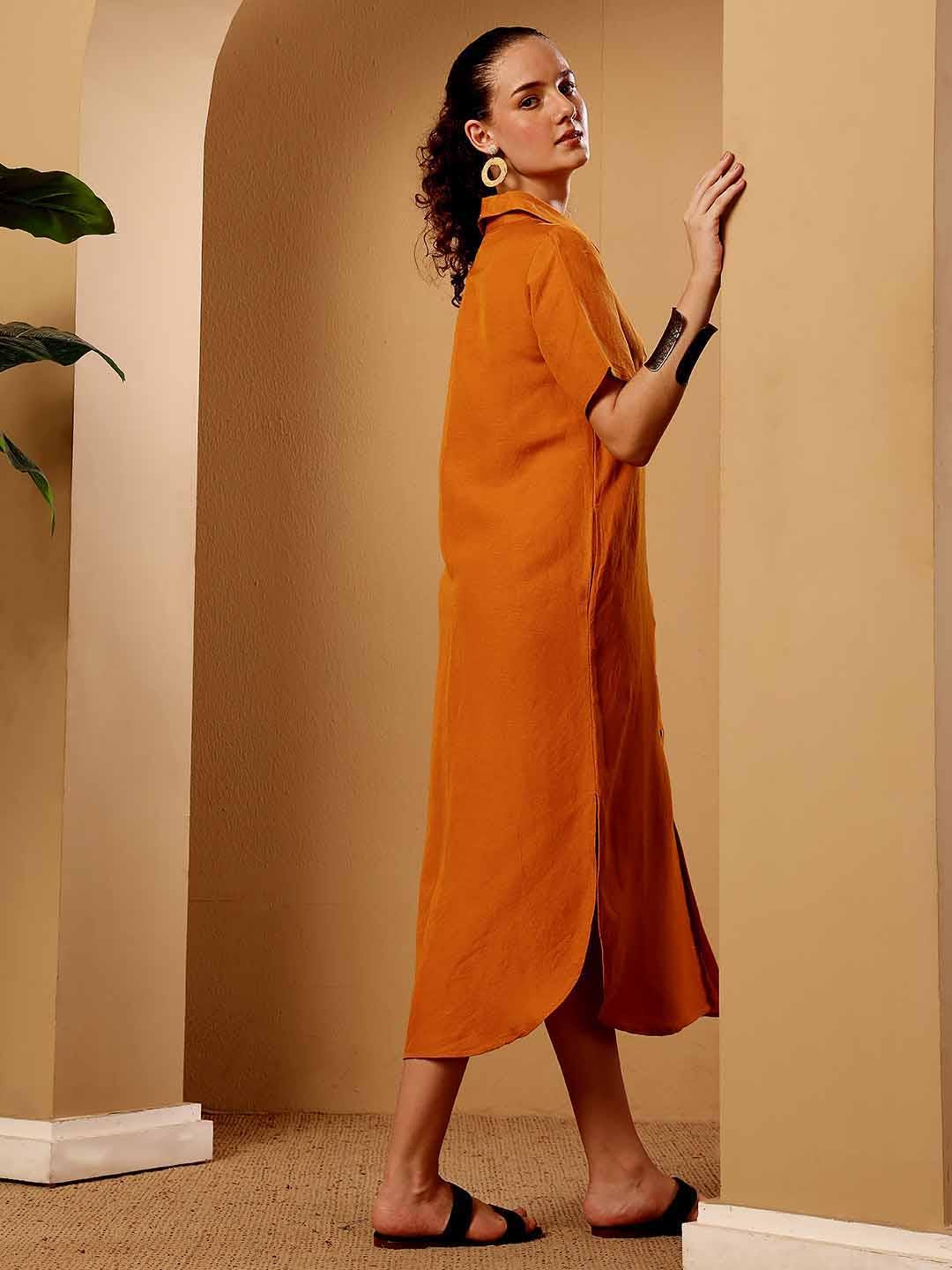 Burnt Orange Cotton Linen Shirt Dress