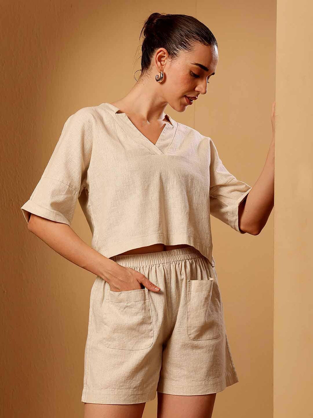 Beige Cotton Linen Co-ord set