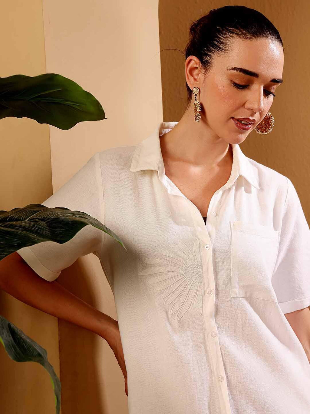 White Cotton Linen Blend Shirt Dress