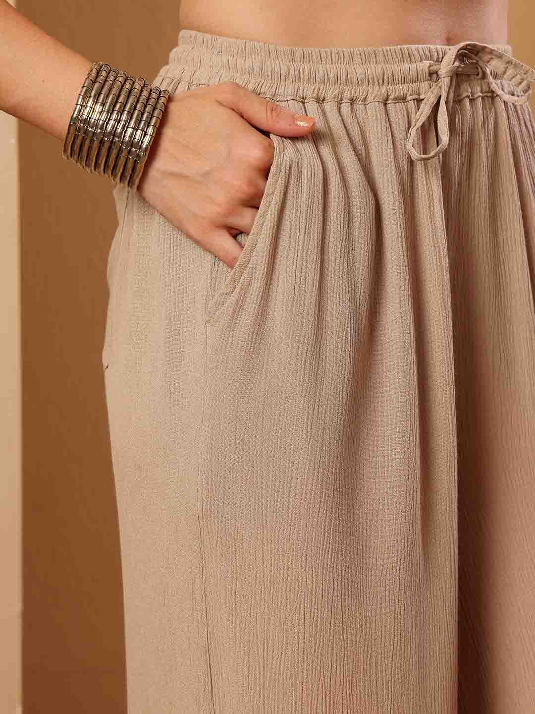 Beige Wide Leg Viscose Pant