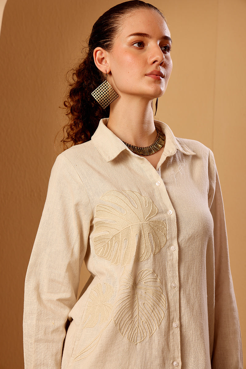 Beige Embroidered Linen Blend Shirt Dress