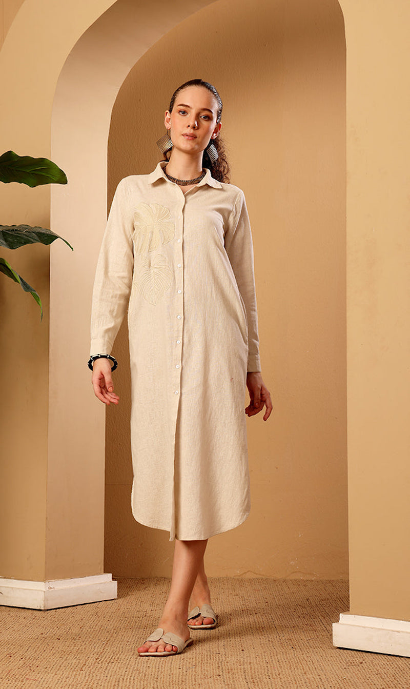 Beige Embroidered Linen Blend Shirt Dress