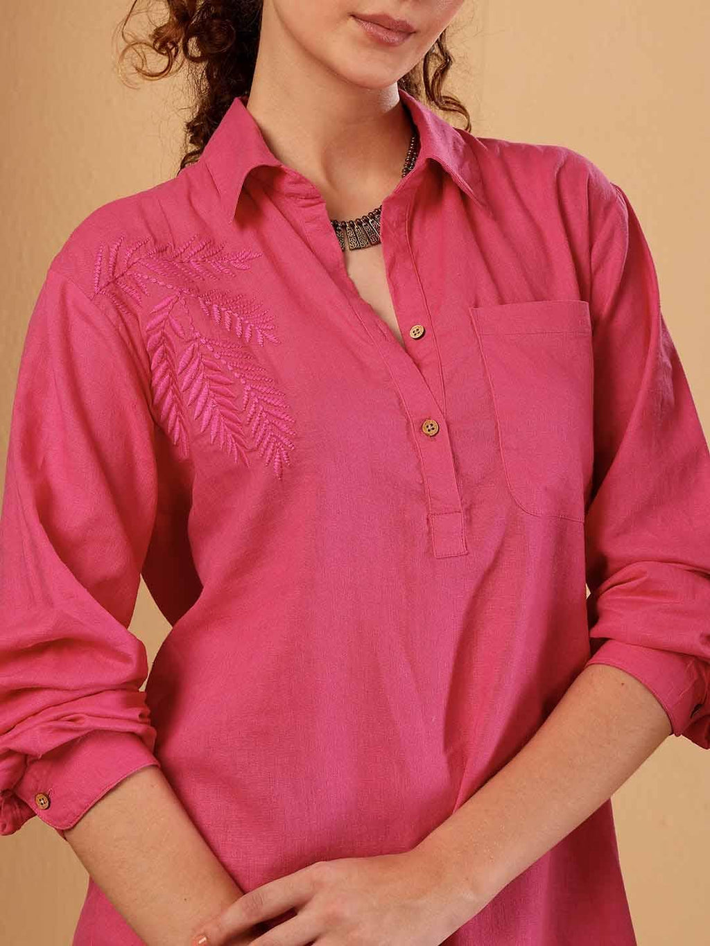 Pink Cotton Linen Embroidered Shirt