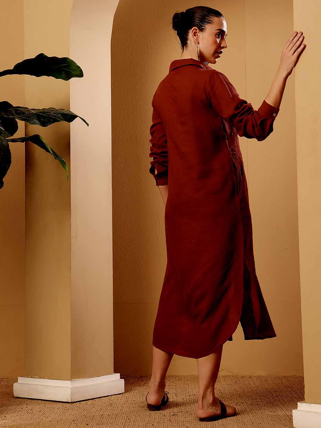 Maroon Embroidered Linen Blend Shirt Dress