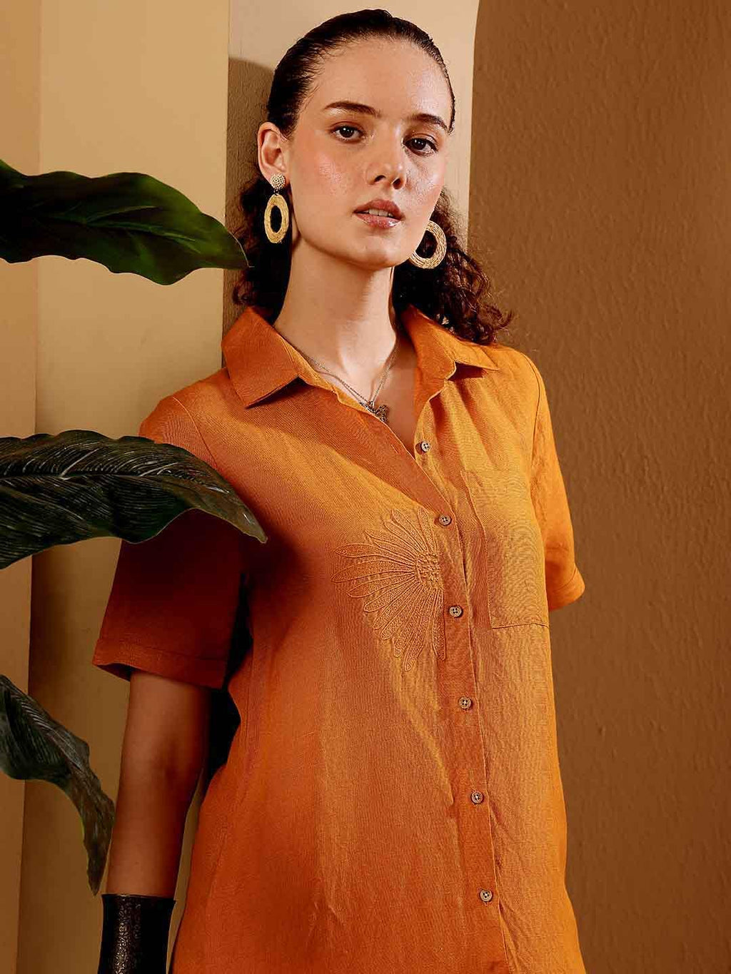 Burnt Orange Cotton Linen Shirt Dress