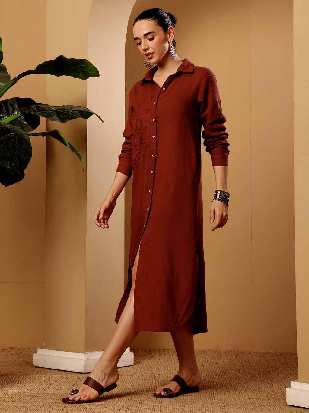 Maroon Embroidered Linen Blend Shirt Dress