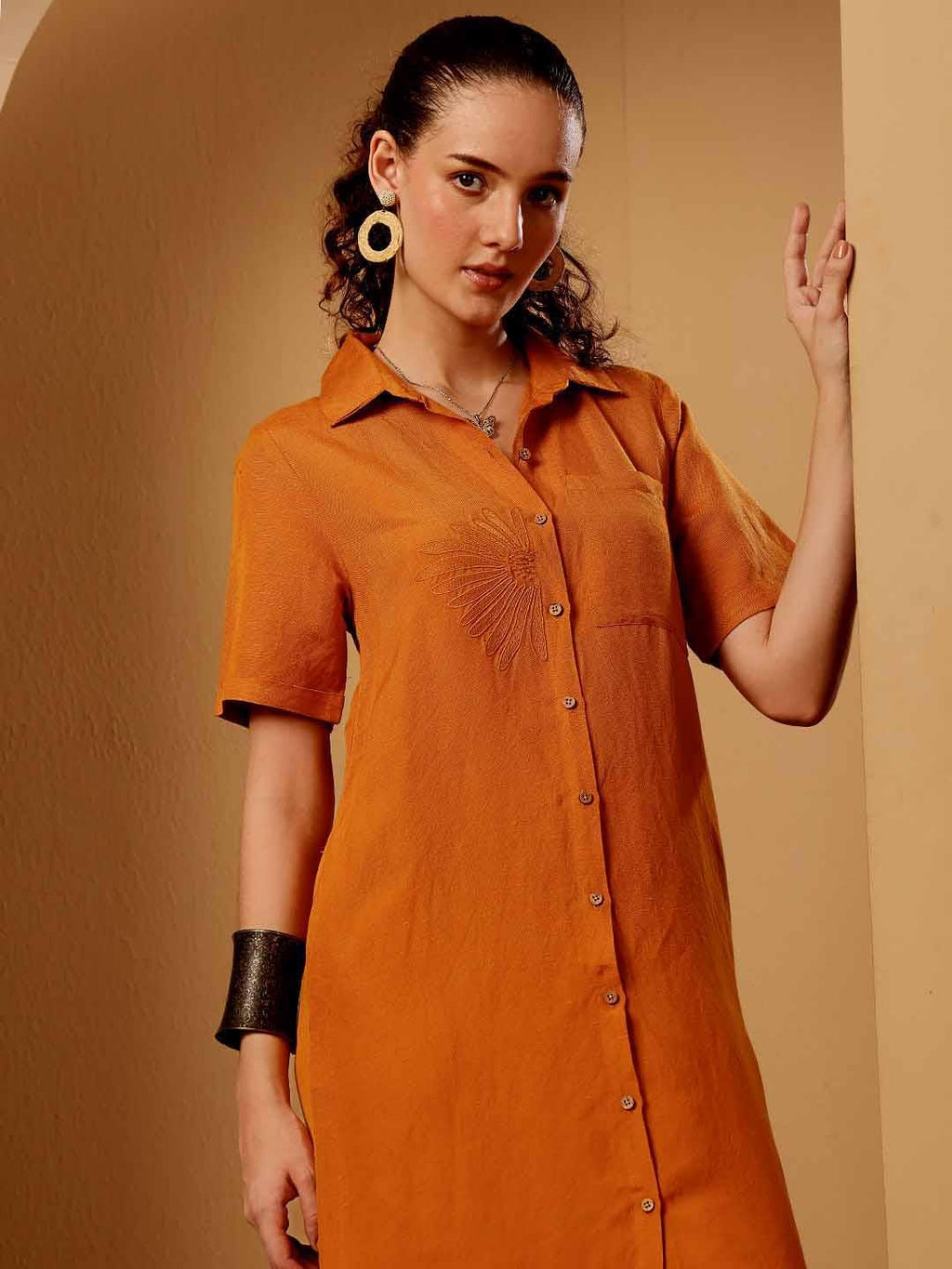 Burnt Orange Cotton Linen Shirt Dress
