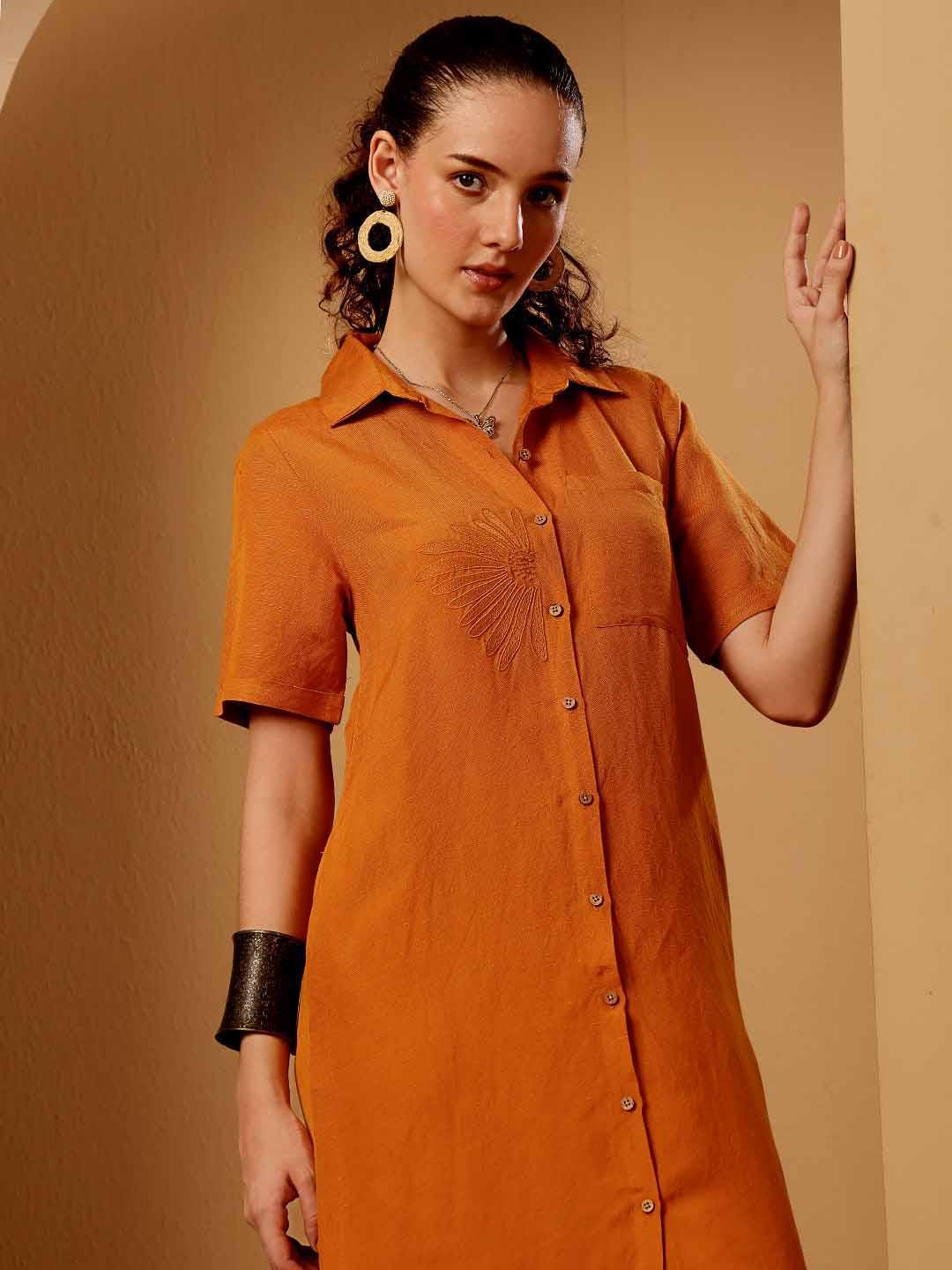 Burnt Orange Cotton Linen Shirt Dress