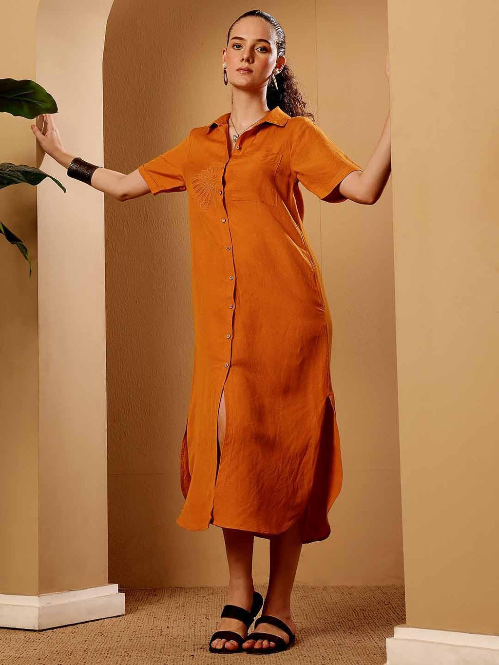 Burnt Orange Cotton Linen Shirt Dress