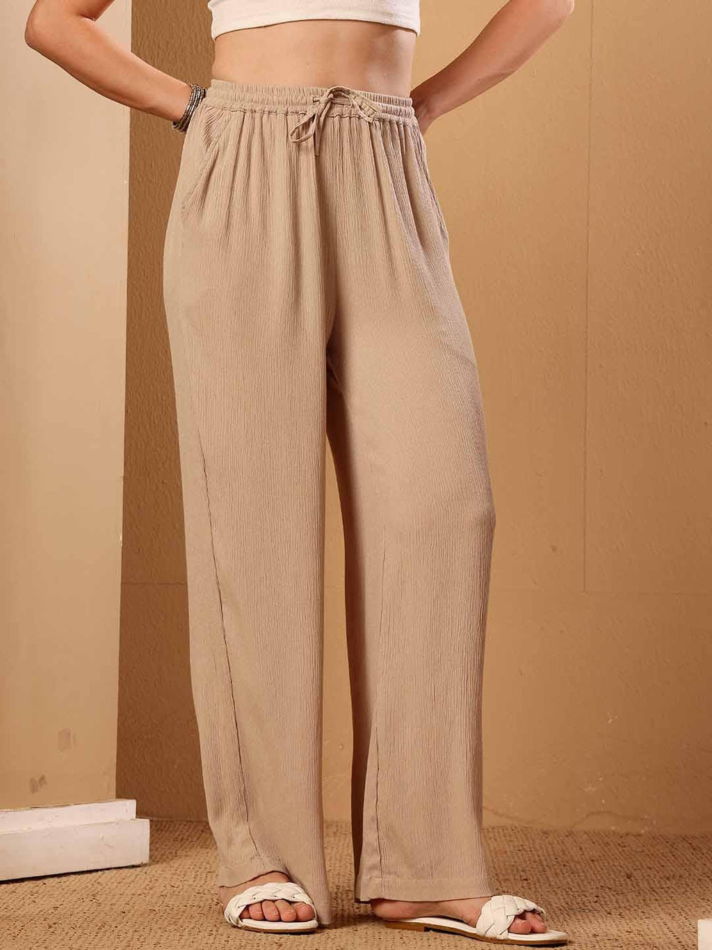 Beige Wide Leg Viscose Pant