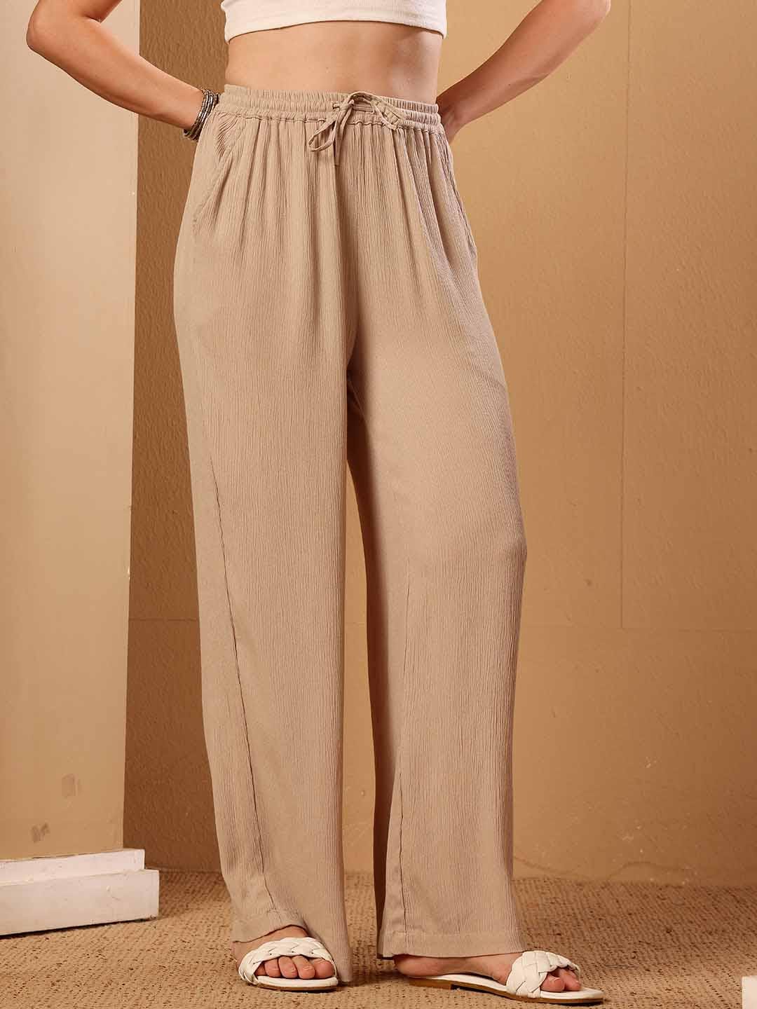Beige Wide Leg Viscose Pant