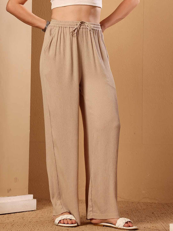 Beige Wide Leg Viscose Pant