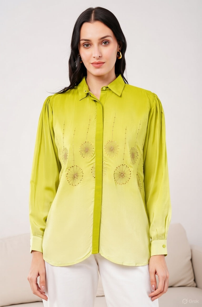 Green Ombre Meadow Embroidered Shirt