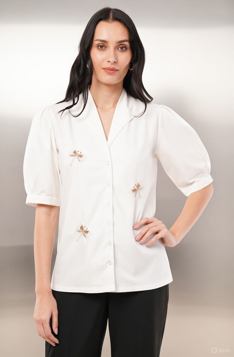 Ivory Dragonfly Embroidered Shirt
